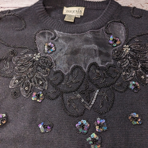 Eugenia by Angenie Lambswool Angora Beaded Sequined Black Sweater Medium Vintage - Picture 5 of 12
